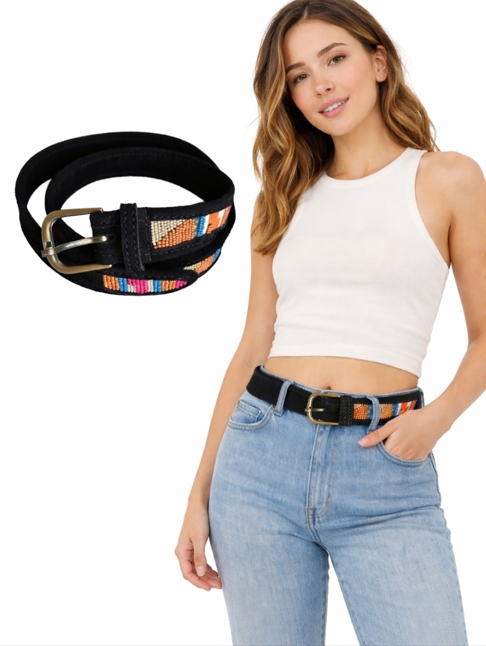 Free People Black Beaded Suede Belt with Multicolor Accents Boho Western S/M